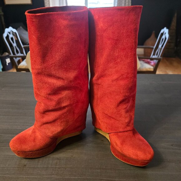 Red Slouchy Foldover Italian Suede Boots Size 8 - Picture 7 of 8